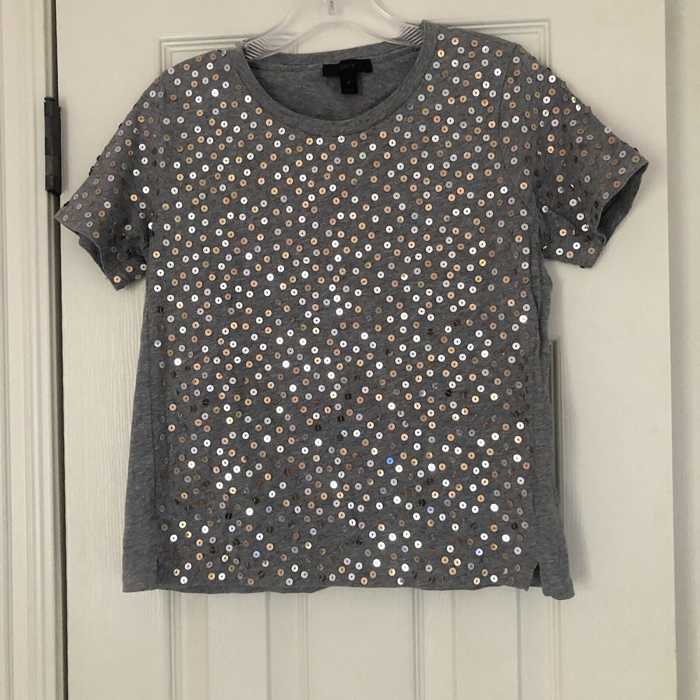 J. Crew Womens XS Gray Sequin Embellished Short Sleeve Cotton Tee Shirt Top